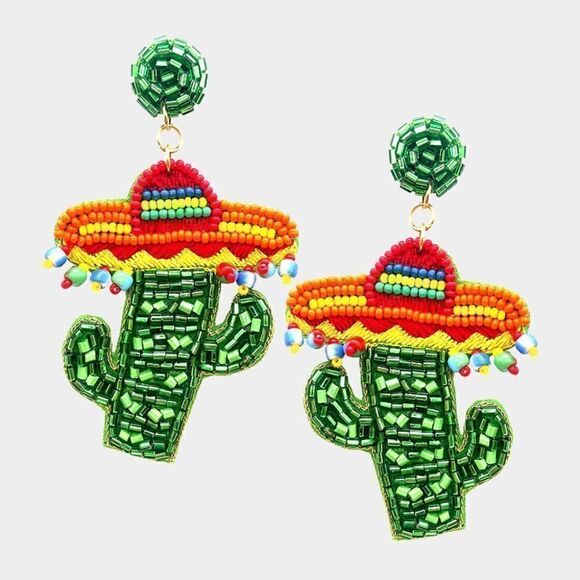 Sombrero Cactus Seed Beaded Dangle Earrings - Picture 1 of 5